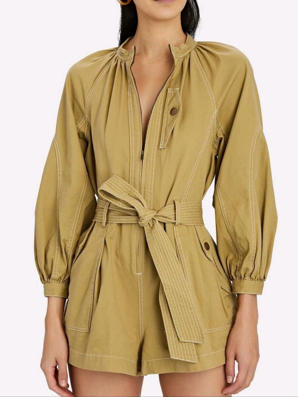 Ulla Johnson Piper Playsuit Long Sleeve Cotton Romper Fennel Seed 0